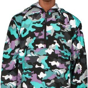 NWT Champion Mens Camouflage Packable Raincoat Plaid 14-Zip Black M